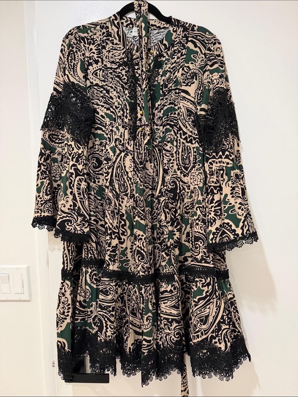 Boho Lace-Trim Mini Dress in Green and Cream